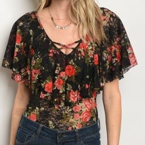 Trend Setter Diva Boutique Black Red Floral Lace Open Back Bodysuit NWT Small